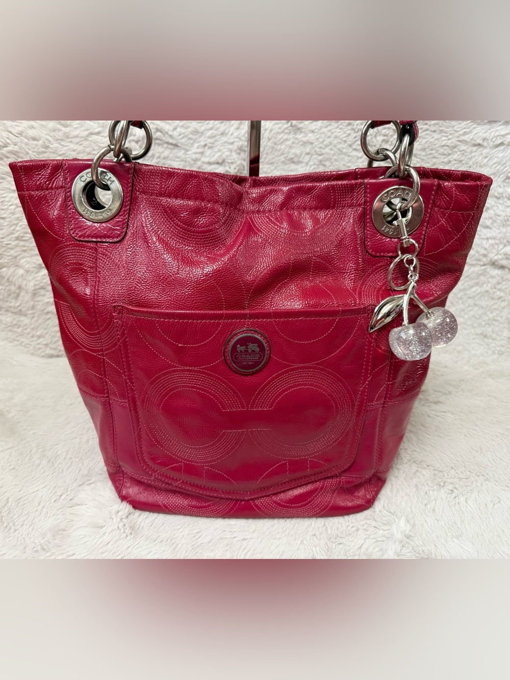 Coach Alex Patent Leather Hot Pink Shoulder Tote with Charm